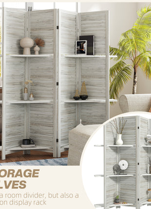 4 Panel 67" Tall Wood Privacy Screen Room Divider with 3 Shelves and Folding Storage for Bedroom, Distressed White