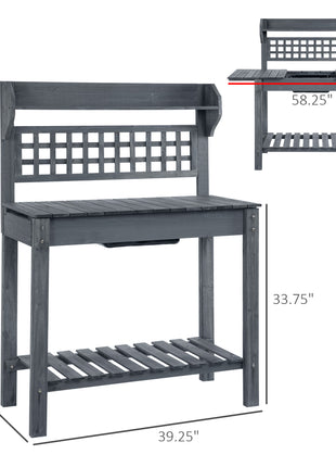 39'' Wooden Garden Potting Bench Work Table with Hidden Storage, Sliding Tabletop, Below Clapboard, Upper Shelf, Gray