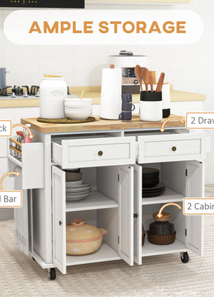 Modern Rolling Kitchen Island Cart with Spice Rack, Distressed White