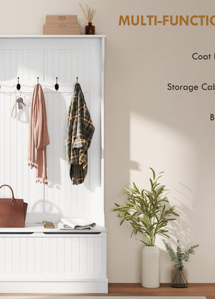 3-In-1 Entryway Bench with Coat Rack, Hall Tree with Bench and Shoe Storage, 5 Hooks for Hallway Cream White