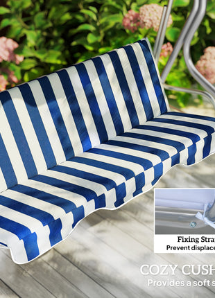 3-Person Porch Swing with Canopy, Patio Swing Chair, Outdoor Canopy Swing Bench with Adjustable Shade, Cushion and Steel Frame, Dark Blue & White Striped