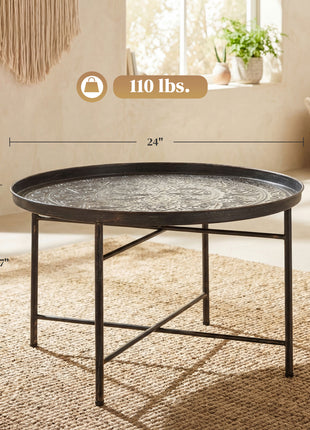 Coffee Table for Living Room, 24" Round Center Table with Hammered Tray Top and Metal Frame for Bedroom, Pewter