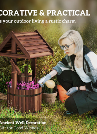 Wood Wishing Well for Outside with Hanging Bucket, Wishing Well Planter with Drain Hole for Garden Patio, Carbonized