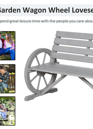 41" Wooden Wagon Wheel Bench, Rustic Outdoor Patio Weather Resistance Furniture, 2-Person Slatted Seat Bench with Backrest, Light Gray