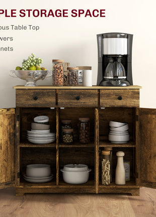 Kitchen Storage Cabinet, Sideboard Floor Cupboard with Solid Wood Top, Adjustable Shelf, and 3 Drawers, Brown