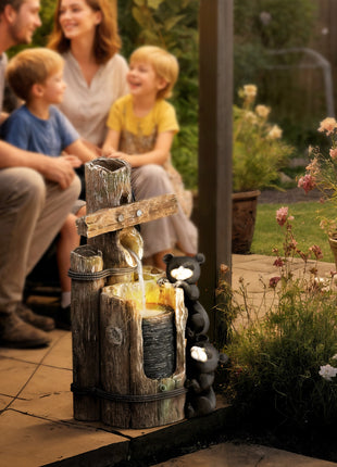 22.8" Water Fountain, 3-Tier Resin Bears on Log Outdoor Waterfall Fountain with LED Lights, Pump