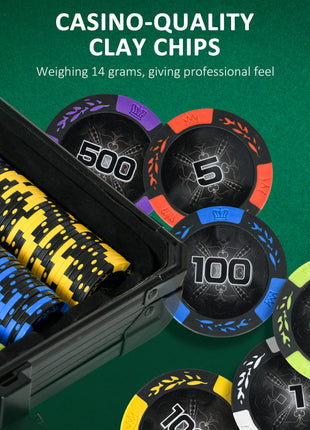 500PCs 14 Gram Clay Poker Chips Set Casino Poker Chips with Aluminum Case, Playing Cards, Dealer Button, 5 Dices