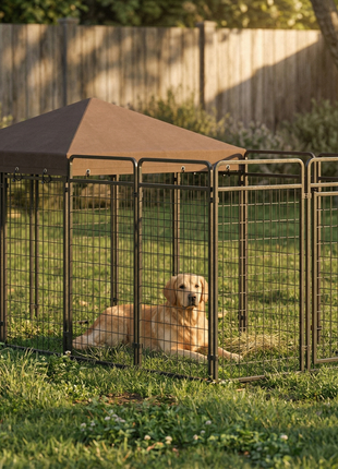 Dog Kennel Outdoor with Waterproof Canopy, Dog Run with Galvanized Chain Link, Secure Lock, for Backyard and Patio, Large and Medium Sized Breeds, Chickens, Ducks, 9.3' x 4.6' x 5.2'