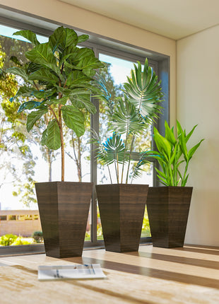 Set of 3 Tall Planters, 28" Outdoor Planter w/ Drainage Holes, Faux Wood Plastic Flower Pots, Brown