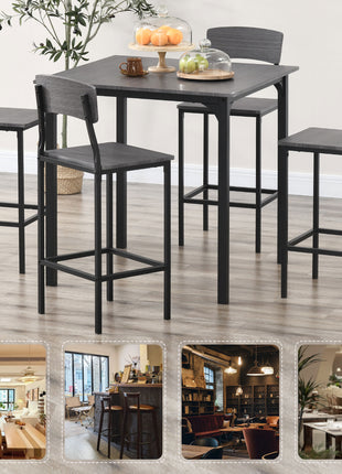 5-Piece Counter Height Bar Table with Space-Saving Design, Square Kitchen Table and Chairs Set with Footrest, Metal Legs, Industrial Dining Table Set for 4, Gray