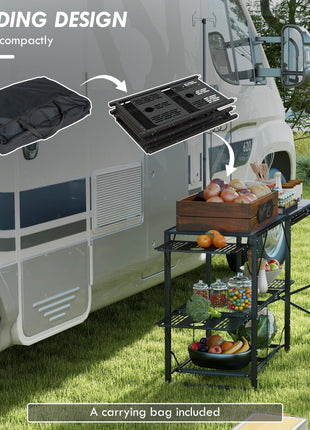 Folding Camp Kitchen, Camping Table Cooking Station with Adjustable Lamp Stand