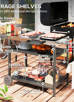 Outdoor Bar Cart Grill Table with Stainless Steel Tabletop, Wheeled Outdoor Serving Cart Prep Table with Storage, Hooks
