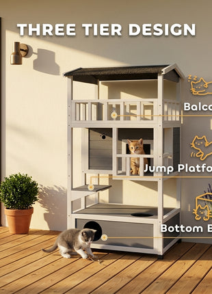Wooden Outdoor Cat House, Feral Cat Shelter Kitten Condo with Asphalt Roof, Escape Doors, Condo, Jumping Platform, Gray