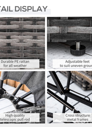 4 Piece Round Rattan Daybed, Convertible Patio Furniture Set, Adjustable Sun Canopy, Sectional Outdoor Sofa, 2 Chairs, Extending Tea Table Ottoman Chair, 3 Pillows, Gray
