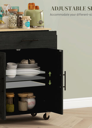 Rolling Island with Wheels for Kitchen, Kitchen Island on Rollers with Power Outlets, Drawer, and Doors, Black