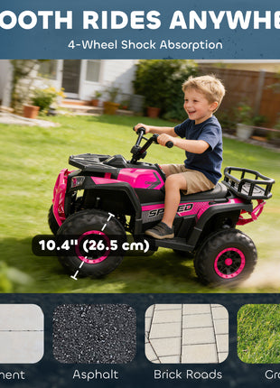12V Kids ATV, 4 Wheeler Quad with 4 Spring Suspension Wheels, LED Lights, Music USB, Pink