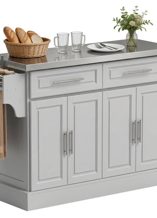 Rolling Kitchen Island Cart with 47" Stainless Steel Top, Portable Island Table for Kitchen with Wheels, Adjustable Shelves, 2 Drawers, Spice, Knife and Towel Rack, Gray