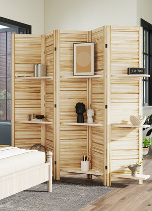 5 Panel 67" Tall Wood Privacy Screen Room Divider with 3 Shelves and Folding Storage for Bedroom, Natural Wood
