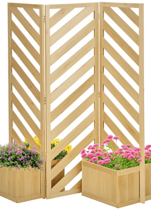 Decorative Outdoor Privacy Screen, Freestanding Divider/Separator with 4 Self-Draining Planters, 3 Trellis Plant Support Panels for Garden Walkway, Backyard, Natural Wood