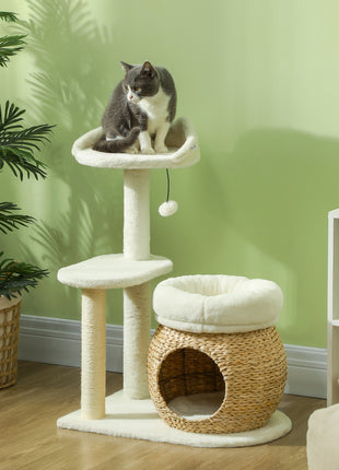 31" Cat Tree Tower with Scratching Posts, Cat Condo, Beds, Platform and Toy Ball for Indoor Cats, Cream White