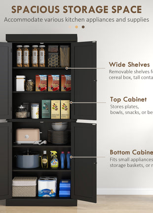 72" Kitchen Cabinet, Pantry Storage Cabinet with Doors and Shelves, Freestanding Food Pantry Cabinet, Black