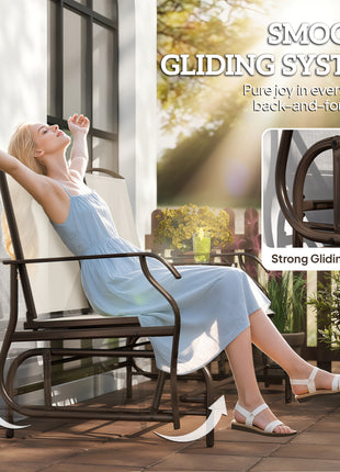 Outdoor Glider Bench with Center Table, Metal Frame Patio Loveseat with Breathable Mesh Fabric and Armrests for Backyard Garden Porch, Beige