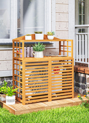 Outdoor Air Conditioner Fence Privacy Screen, Wood AC Fence Potting Table with Shelves for Patio, Light Brown