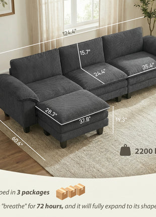 Sectional Sofa, L Shaped Couch with Deep Seat, Movable Ottoman and Pillow-top Armrests, Dark Gray
