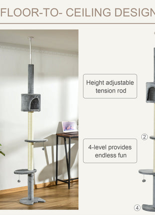 100" Cat Tree Height Adjustable Floor-to-Ceiling 4-Tier Kitty Climbing Activity Center Condo Cat Toy with Scratching Post Hanging Balls Play Rest Post Pet Furniture Grey