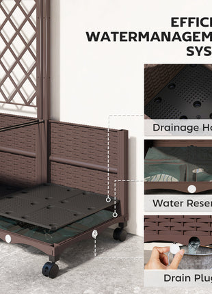 Planter Box with Trellis, Self Watering Raised Garden Bed with Lockable Wheels and Drainage Holes, Brown