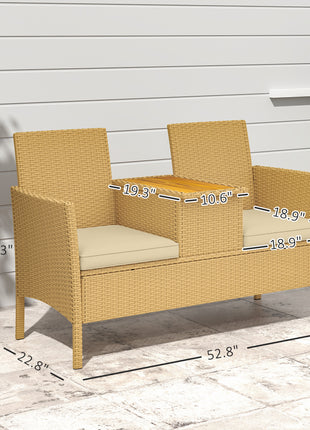 Patio Sofa Wicker Loveseat with Built-in Flip-Top Coffee Table and Cushions for Balcony, Garden, Lawn, Backyard, Khaki