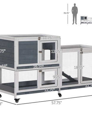 Wooden Rabbit Hutch Bunny Hutch Elevated Pet House Cage Small Animal Habitat with No Leak Tray Lockable Door Openable Top for Rabbits, Chickens, Ducks, Indoor 57.75" x 18" x 32.5" Gray