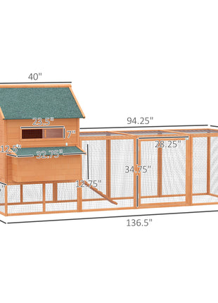 137" Chicken Coop for 8-10 Chickens, Large Chicken House, Wooden Poultry Hen Cage with Nesting Box and Run for Backyard, Orange
