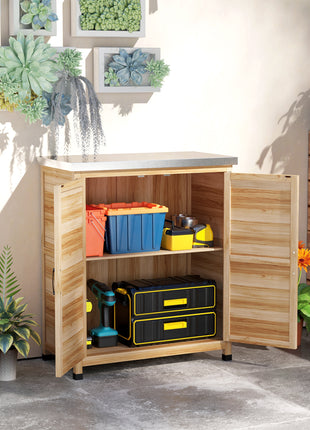 Wooden Storage Cabinet, Outdoor Prep Table w/ Metal Tabletop, Shelves and Double Doors for Patio, Garden, Natural Wood