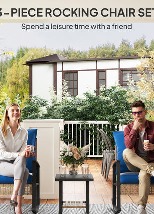 3 Pieces Bistro Set, Patio Wicker Furniture Set with Button Tufted Cushions, Rattan Rocking Chairs, Coffee Table, Blue