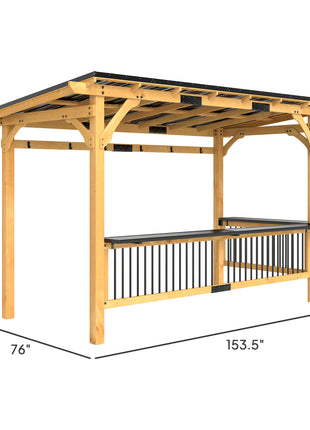 13' x 6' Wooden BBQ Grill Gazebo, Outdoor Hardtop Grill Gazebo with Metal Roof, 2 Bar Shelves and 6 Hooks, Natural