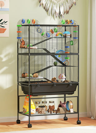 5 Tier Hamster Cage, Rolling Rat Cage with Deep Tray, Storage Shelf, Big Exercise Wheel, Hut, Tube System
