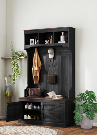 3-in-1 Hall Tree with Shoe Storage, Coat Rack with Bench, Entryway Furniture with Five Hooks, Black Wood Grain