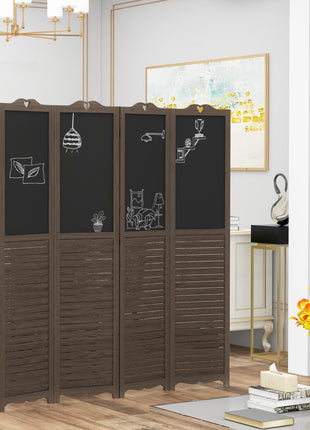 Wooden Room Divider with Blackboard, 4 Panel Folding Privacy Screen for Home Office, 5.5', Walnut Brown