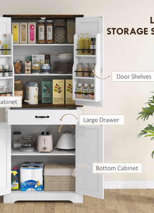 71" Tall Kitchen Cabinet, Farmhouse Pantry Cabinet w/ Barn Doors, 6 Shelves w/ 2 Doors, Drawer and Adjustable Shelves, White