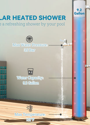 9.2 Gallon Slolar Heated Outdoor Shower with 2 Free-Rotating Shower Heads and Foot Showers for Poolside Beach Spa, 7.1ft