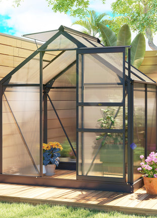 Polycarbonate Greenhouse, Heavy Duty Outdoor Aluminum Walk-in Green House Kit Vent Door, 6.2'x4.3'x6.6' Gray