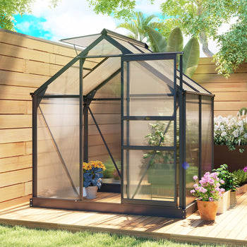 Polycarbonate Greenhouse, Heavy Duty Outdoor Aluminum Walk-in Green House Kit Vent Door, 6.2'x4.3'x6.6' Gray