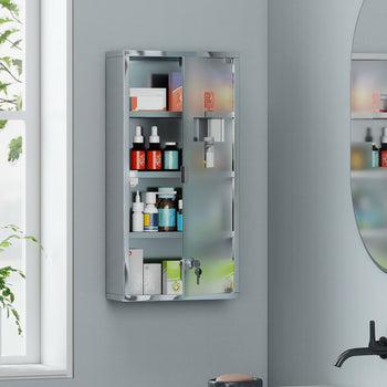 12" x 24" Lockable Medicine Cabinet, 4 Tier Stainless Steel Medical Wall Box with 2 Keys and Shelves for Bathroom