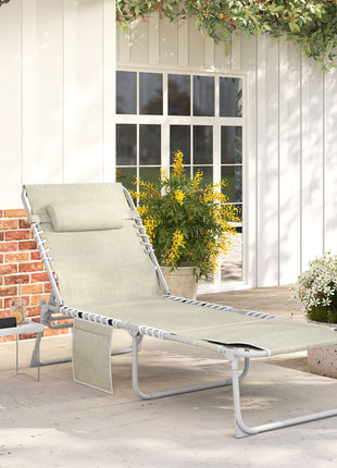 Tanning Chair with Face Hole and Side Table, 5-Position Folding Outdoor Chaise Lounge Chair, Beige