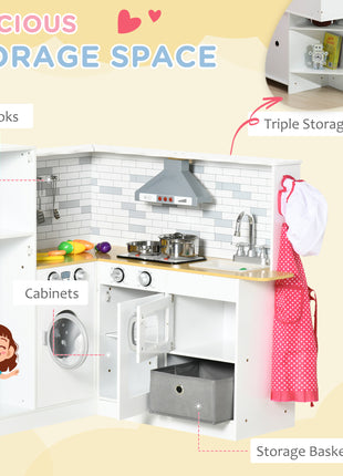 Corner Play Kitchen Set with Sound Effects and Tons of Countertop Space, Large Wooden Kitchen with Washing Machine, Food Toys, Ice Maker, Kids Kitchen, Ages 3-6, White