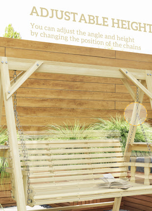 3 Seat Wooden Porch Swing with Stand, Patio Swing with Side Tables, for Garden, Poolside, Backyard, Natural Wood