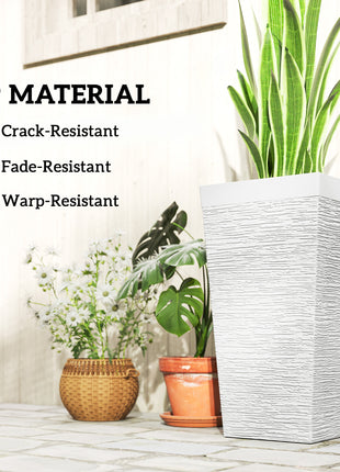 22.8 Inch Set of 3 Outdoor Planters with Stone Finish and Wheels, Stackable Tapered Planters with Drainage Hole, White