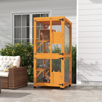 Large Cat House for 1-3 Cats on Wheels Wooden Catio Enclosure Orange