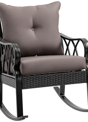 Outdoor Wicker Rocking Chair with Padded Cushions, Aluminum Furniture Rattan Porch Rocker Chair w/ Armrest for Garden, Patio, and Backyard, Gray